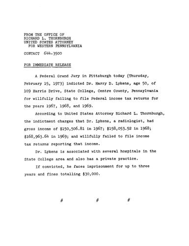 A federal grand jury indicted Dr. Harry Lykens for willfully failing to file federal income tax returns