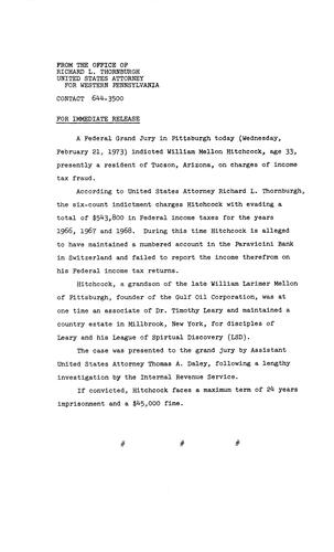 A federal grand jury indicted William Mellon Hitchcock on charges of tax fraud