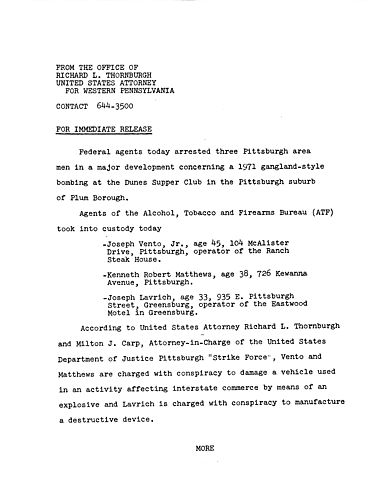 Federal agents arrested three Pittsburgh men in a major development concerning a 1971 gangland-style bombing,