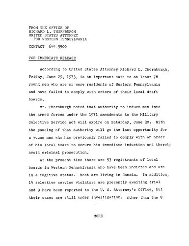 June 29, 1973 is an important date to young men who are residents of Western PA and have failed to comply with the orders of their local draft boards,