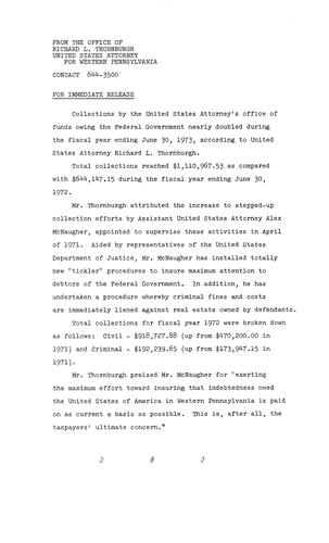 Collections by the U.S. Attorney's office of funds owing the federal government nearly doubled during the fiscal year ending June 30, 1973,