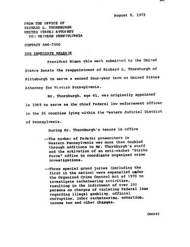 President Nixon submitted to the U.S. Senate the reappointment of Thornburgh to serve a second four-year term as U.S. Attorney for Western PA