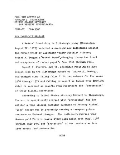 A federal grand jury returned a new indictment against former Chief of Allegheny County District Attorney Robert Duggan's "Racket Squad" charging income tax fraud and acceptance of racket payoffs