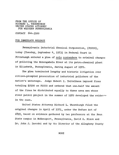 Pennsylvania Industrial Chemical Corporation entered a plea of nolo contendere to criminal charges of polluting the Monongahela River