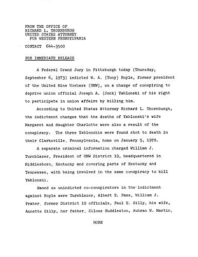 A federal grand jury indicted W.A. Boyle on a charge of conspiring to kill union official Joseph Yablonski