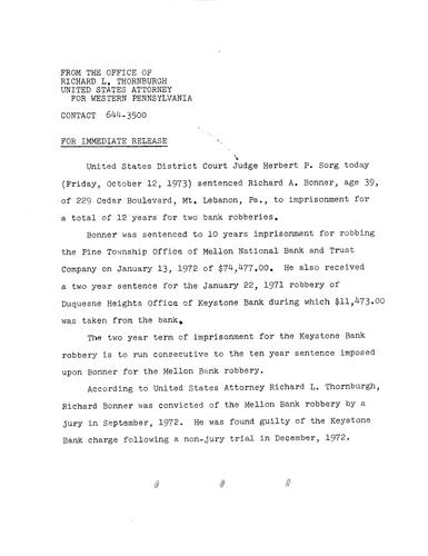 Judge Herbert Sorg sentenced Richard Bonner to imprisonment for a total of 12 years for two bank robberies