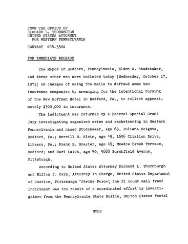 The Mayor of Bedford, Eldon G. Studebaker, and three other men were indicted on charges of using the mail to defraud insurance companies
