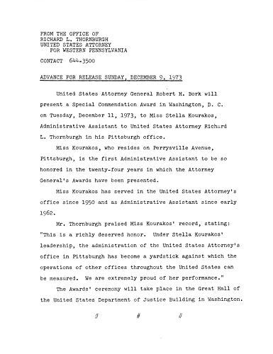 Attorney General Robert Bork will present a Special Commendation Award to Miss Stella Kourakos, Administrative Assistant to U.S. Attorney Thornburgh