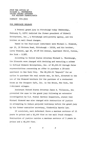 A federal grand jury indicted the former president of Bidwell Enterprises, Inc. and his brother on mail fraud charges