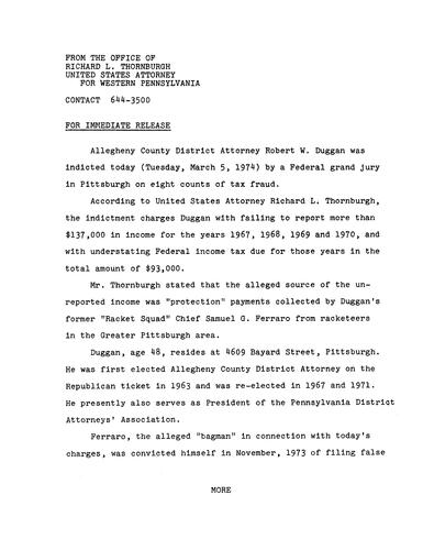 Allegheny County District Attorney Robert W. Duggan was indicted by a federal grand jury on eight counts of tax fraud