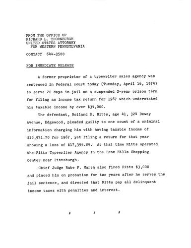 A former proprietor of a typewriter sales agency was sentenced to serve 20 days in jail for tax fraud