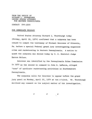 Thornburgh confirmed that a subpoena has been issued to compel the testimony of Michael Genovese