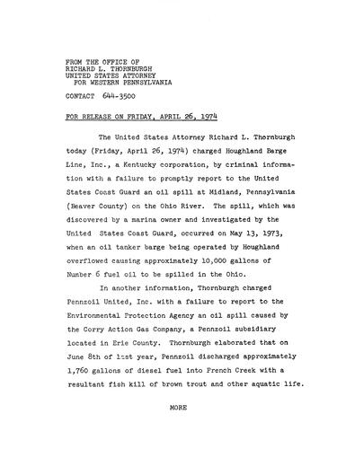 Thornburgh charged Houghland Barge Line, Inc., with a failure to promptly report to the U.S. Coast Guard an oil spill at Midland, PA