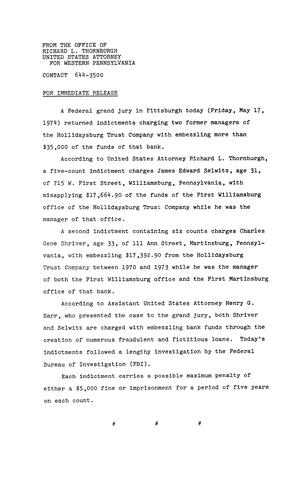 A federal grand jury returned indictments charging two former managers of the Hollidaysburg Trust Company with embezzling more than $35\,000 of the funds of that bank