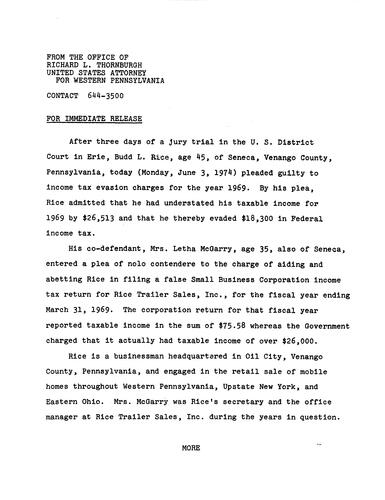 Budd Rice pleaded guilty to income tax evasion charges for the year 1969