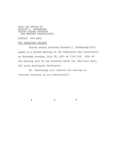 Thornburgh will speak to a dinner meeting of the McKeesport Bar Association on Thursday