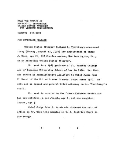 Thornburgh announced the appointment of James J. West as an Assistant United States Attorney