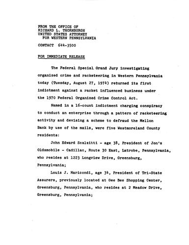 The federal special grand jury investigating organized crime and racketeering returned its first indictment under the 1970 Federal Organized Crime Control Act
