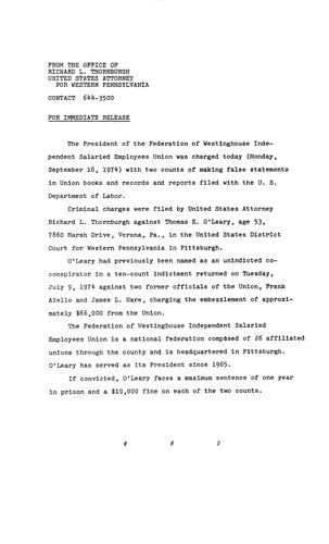 The president of the Federation of Westinghouse Independent Salaried Employees Union was charged with two counts of making false statements in Union books