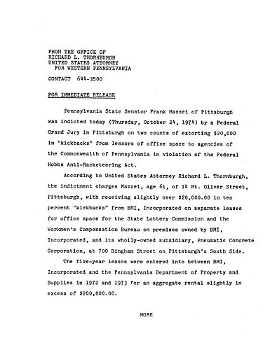 PA State Senator Frank Mazzei was indicted by a federal grand jury on two counts of extortion