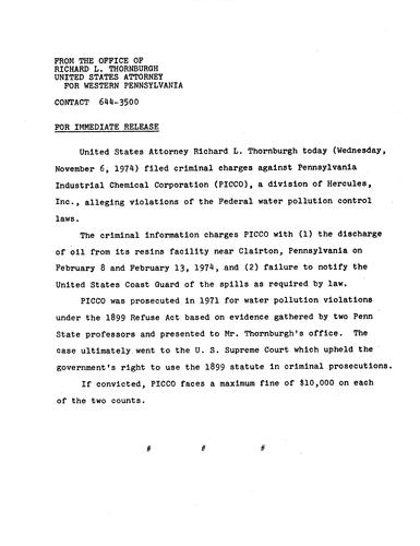 Thornburgh filed criminal charges against Pennsylvania Industrial Chemical Corporation alleging violations of the federal water pollution control laws