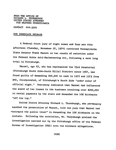 A federal court jury convicted Senator Frank Mazzei on two counts of extortion under the federal Hobbs Anti-Racketeering Act