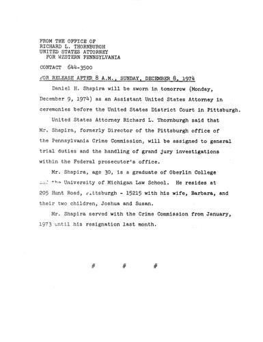 Daniel H. Shapira will be sworn in as an Assistant U.S. Attorney tomorrow
