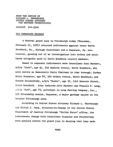 A federal grand jury returned indictments against three North Braddock Borough Councilmen and a Duquesne contractor for bribes and kickbacks