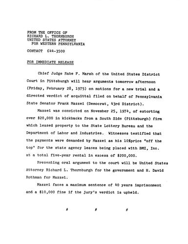 Chief Judge Rabe F. Marsh will hear arguments on motions for a new trial and a directed verdict of acquittal file on behalf of Senator Frank Mazzei