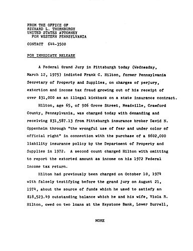 A federal grand jury indicted Frank C. Hilton on charges of perjury, extortion and income tax fraud
