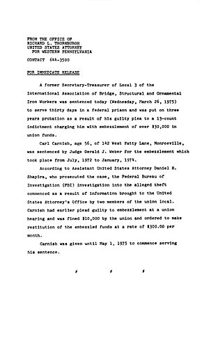 A former Secretary-Treasurer of Local 3 of the International Association of Bridge, Structural and Ornamental Iron Workers was sentenced today for embezzlement