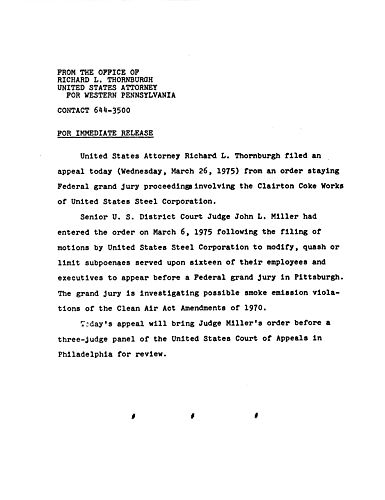 Thornburgh filed an appeal from an order staying federal grand jury proceedings involving the Clairton Coke Works of the U.S. Steel Corporation