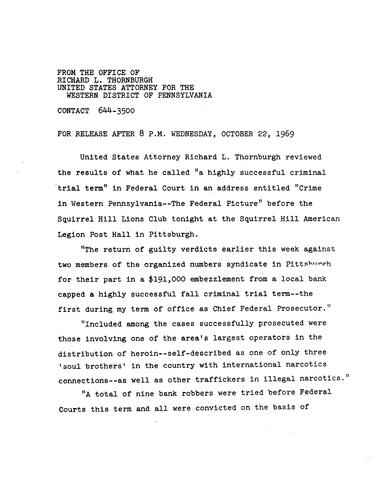 Thornburgh reviewed the results of what he called a highly successful criminal term in federal court