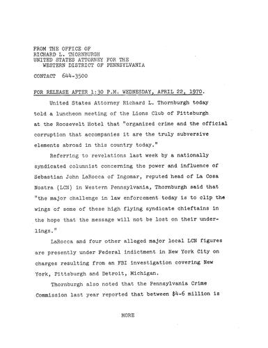 Thornburgh told a luncheon meeting of the Lions Club of Pittsburgh that organized crime and the official corruption that accompanies it are the truly subversive elements in this country