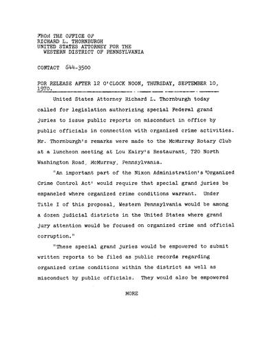 Thornburgh called for legislation authorizing special federal grand juries to issue public reports on misconduct by public officials in connection with organized crime