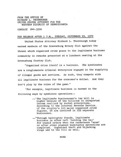 Thornburgh warned members of the Greensburg Rotary Club against the threat of organized crime to legitimate business