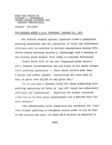 New federal weapons against organized crime's syndicated gambling operations and corruption of local law enforcement officials will be unveiled in Western Pennsylvania in 1971