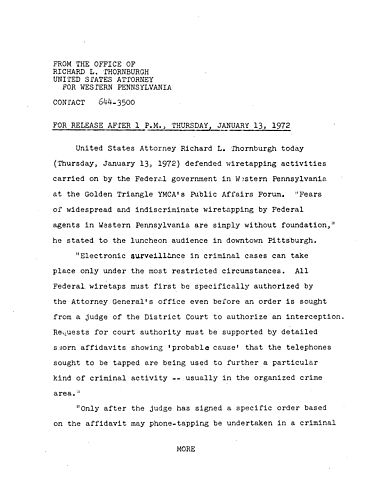 Thornburgh defended wiretapping activities carried on by the federal government in Western Pennsylvania