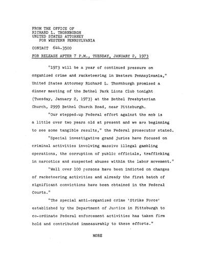 1973 will be a year of continued pressure on organized crime and racketeering in Western Pennsylvania