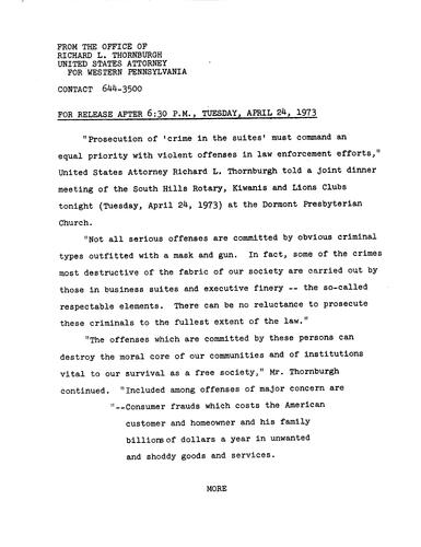 Prosecution of 'crime in the suites' must command an equal priority with violent offenses in law enforcement efforts