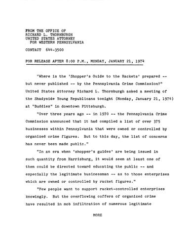 Why is the 'shopper's guide to the rackets' prepared, but never published, by the Pennsylvania Crime Commission?