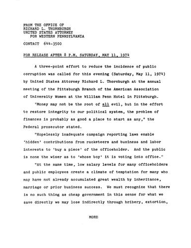 Thornburgh called for a three-point effort to reduce the incidence of public corruption