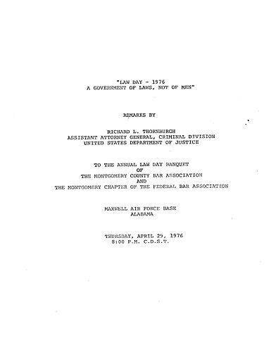 "Law Day, 1976 - A Government of Laws, Not of Men," Montgomery County Bar Association and Montgomery Chapter of the Federal Bar Association, Maxwell Air Force Base, AL