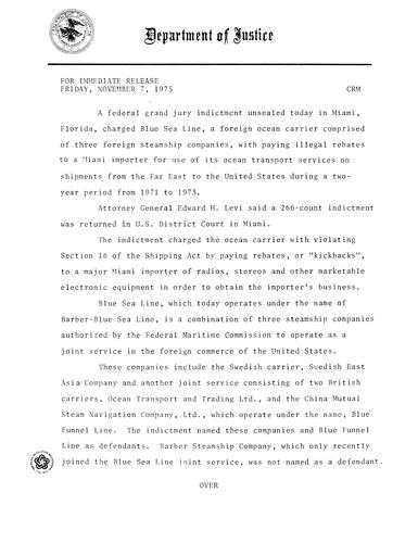 Federal Grand Jury indictment charged Blue Sea Line with paying illegal rebates to importer