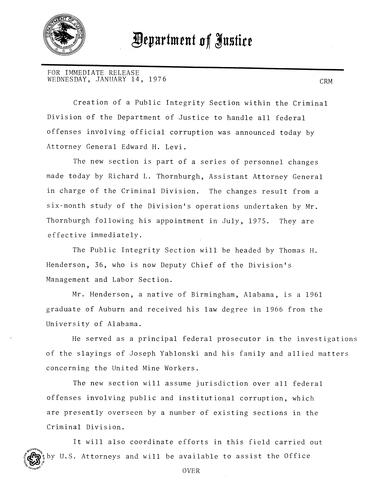 Creation of a Public Integrity Section within the Criminal Division of the Department of Justice