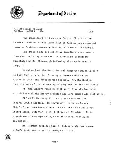 Appointment of three section chiefs in the Criminal Division of the Department of Justice