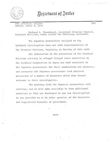 Japanese prosecutors in the Lockheed investigation met with representatives of the Criminal Division