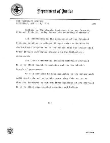 Information in the possession of the Criminal Division relating to Lockheed Corporation was transmitted to the Netherlands Government