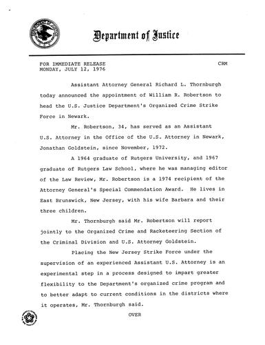 Appointment of William R. Robertson as the head of the U.S. Justice Department's Organized Crime Strike Force in Newark