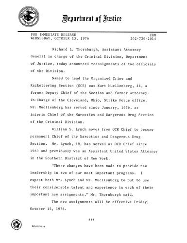 Reassignment of two officials in the division: Kurt Muellenberg to head Organized Crime and Racketeering Section and William S. Lynch to become Chief of the Narcotics and Dangerous Drug Section